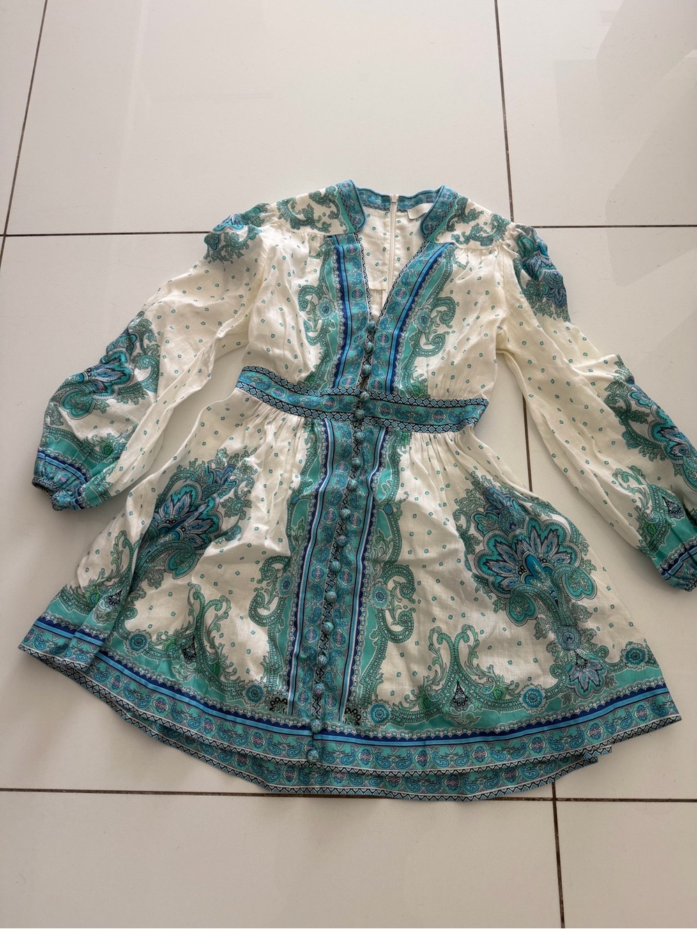 Zimmermann White Dress with Teal Paisley Trim
